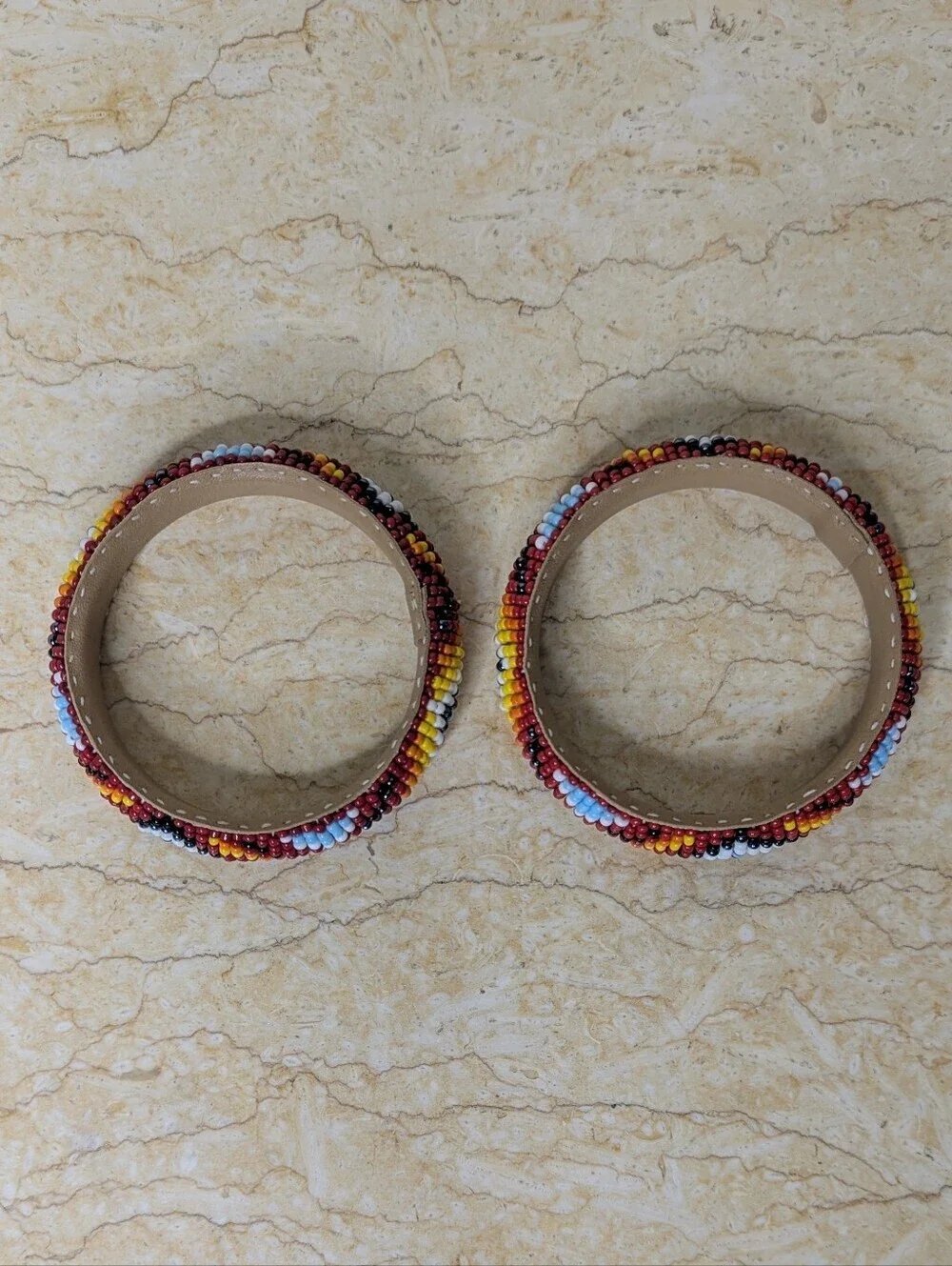 Vintage Handmade Pair Native American Colorful Beaded Round Bracelet Cuff